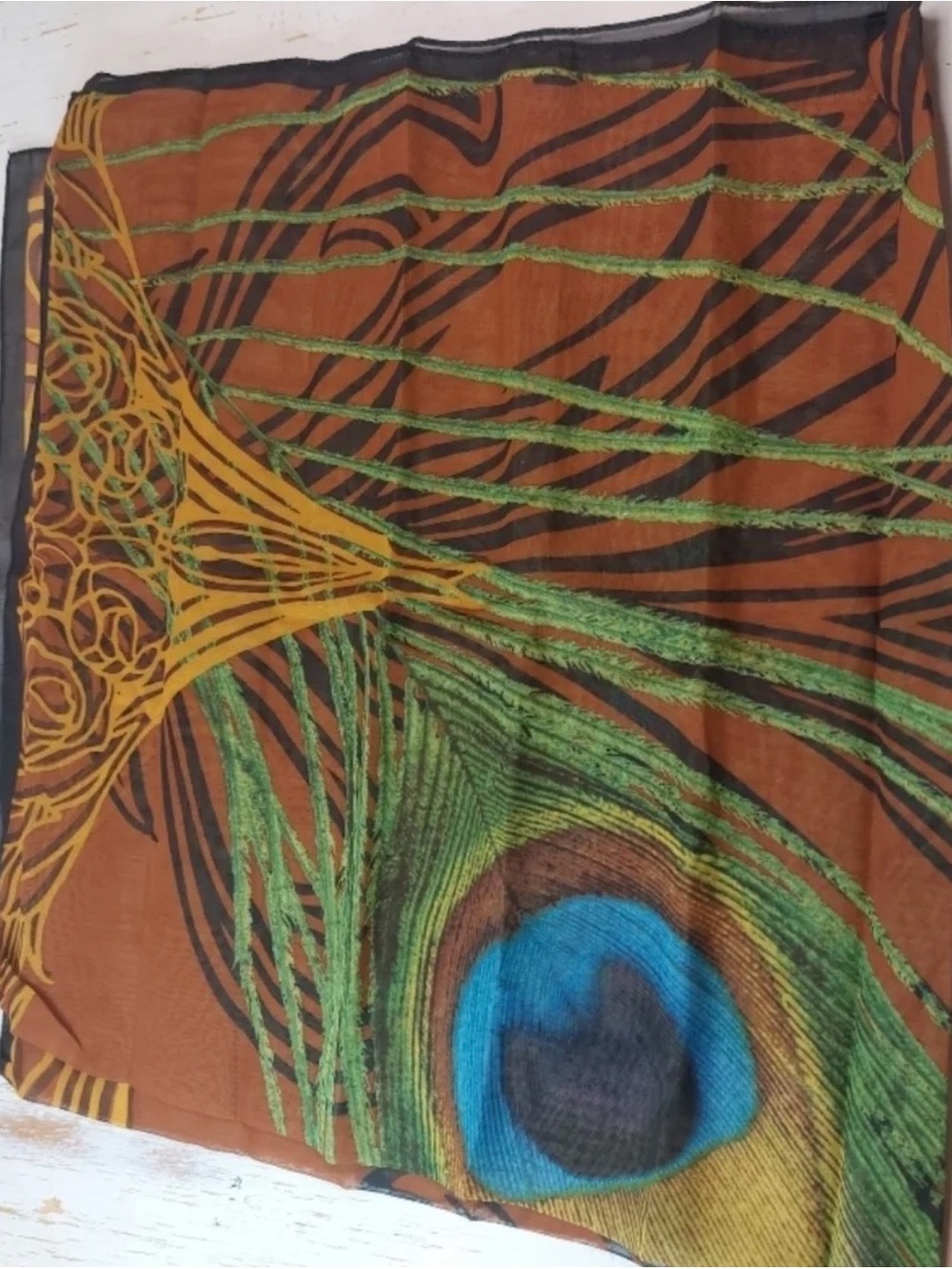 Peacock Print Women’s Scarf - Brown & Green